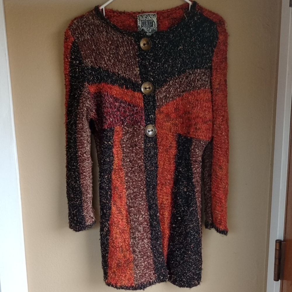 Curio Vintage Art To Wear Metal Button Color Block Patchwork Cardigan Size L